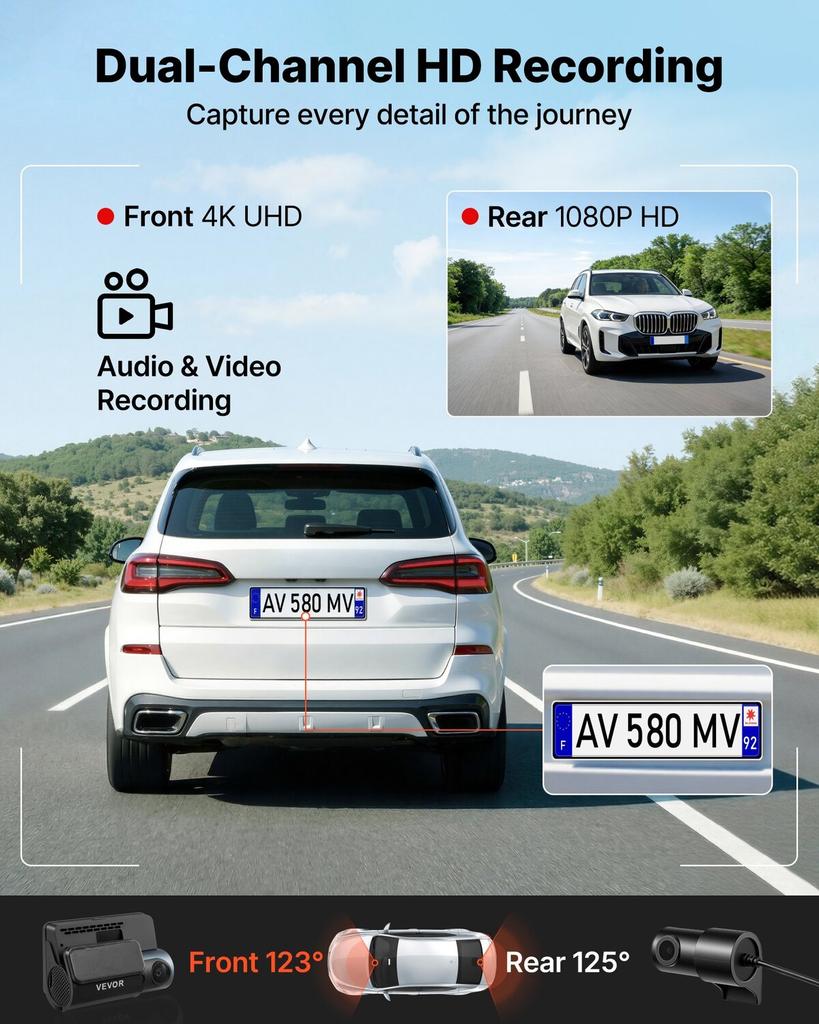 Dash Cam Front and Rear, 4K+1080P, WiFi APP Control, Dual Channel Dash Camera for Cars with Built-in GPS, G-Sensor, Front 123° & Rear 125°, 76.2 mm