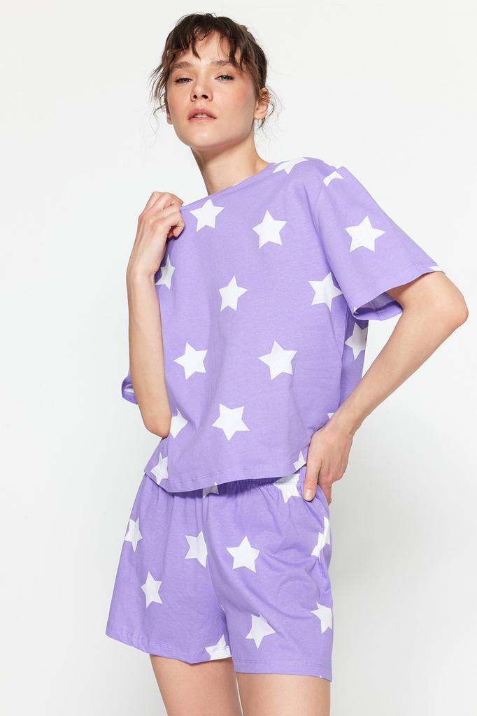 Women's Fashion New Pajama Set Light Pink 100% Cotton Star Patterned Tshirt-Shorts Knitted Pajama Set