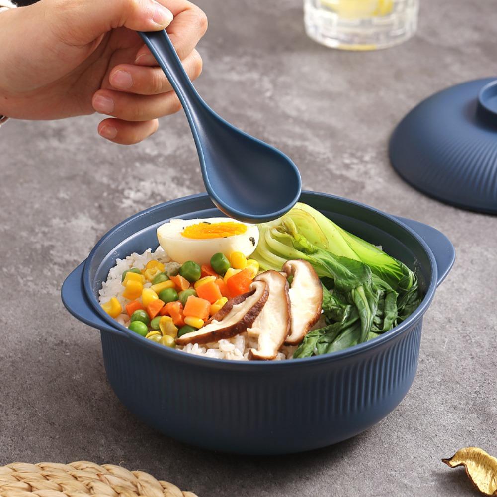 4 Set Household Large Capacity Ramen Noodles Bowl Vertical Striped Plastic Soup Bowl with Lid and Spoon Salad Bowl Canteen