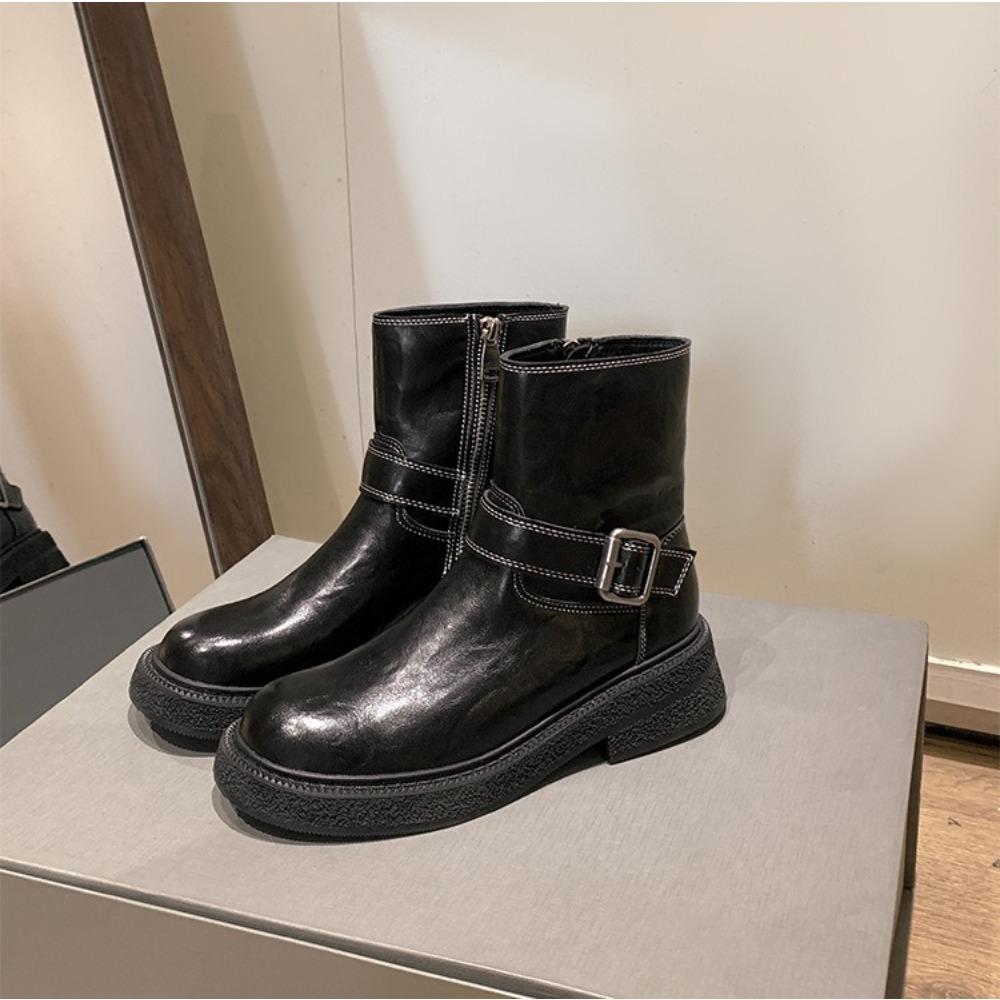 Женские ботильоны Осень Зима Новые Боковая молния Толстая подошва Полусапожки Женские Ретро Круглый носок Толстый каблук Тонкие Короткие ботинки Женские