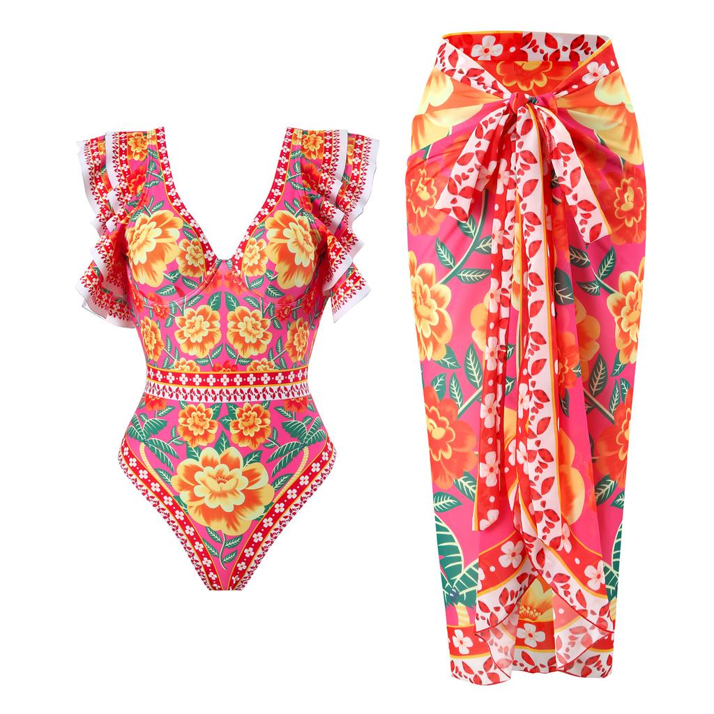 New Sexy One-piece Swimsuit Women's Printed Two-piece Chiffon Skirt Swimsuit Set