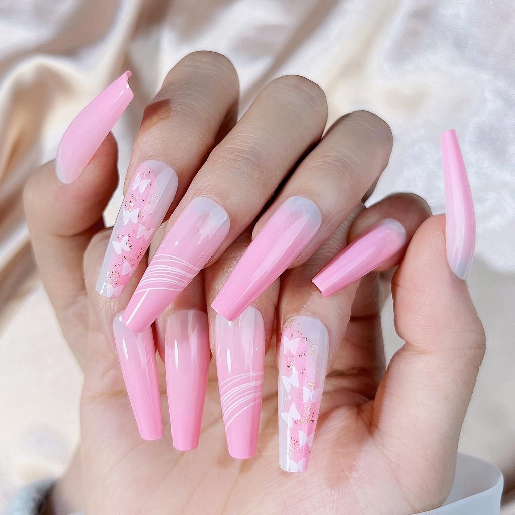 European and American Nail Marble Pink Extra-long Trapezoidal Ballet Nail Fake Nail Nail Patches