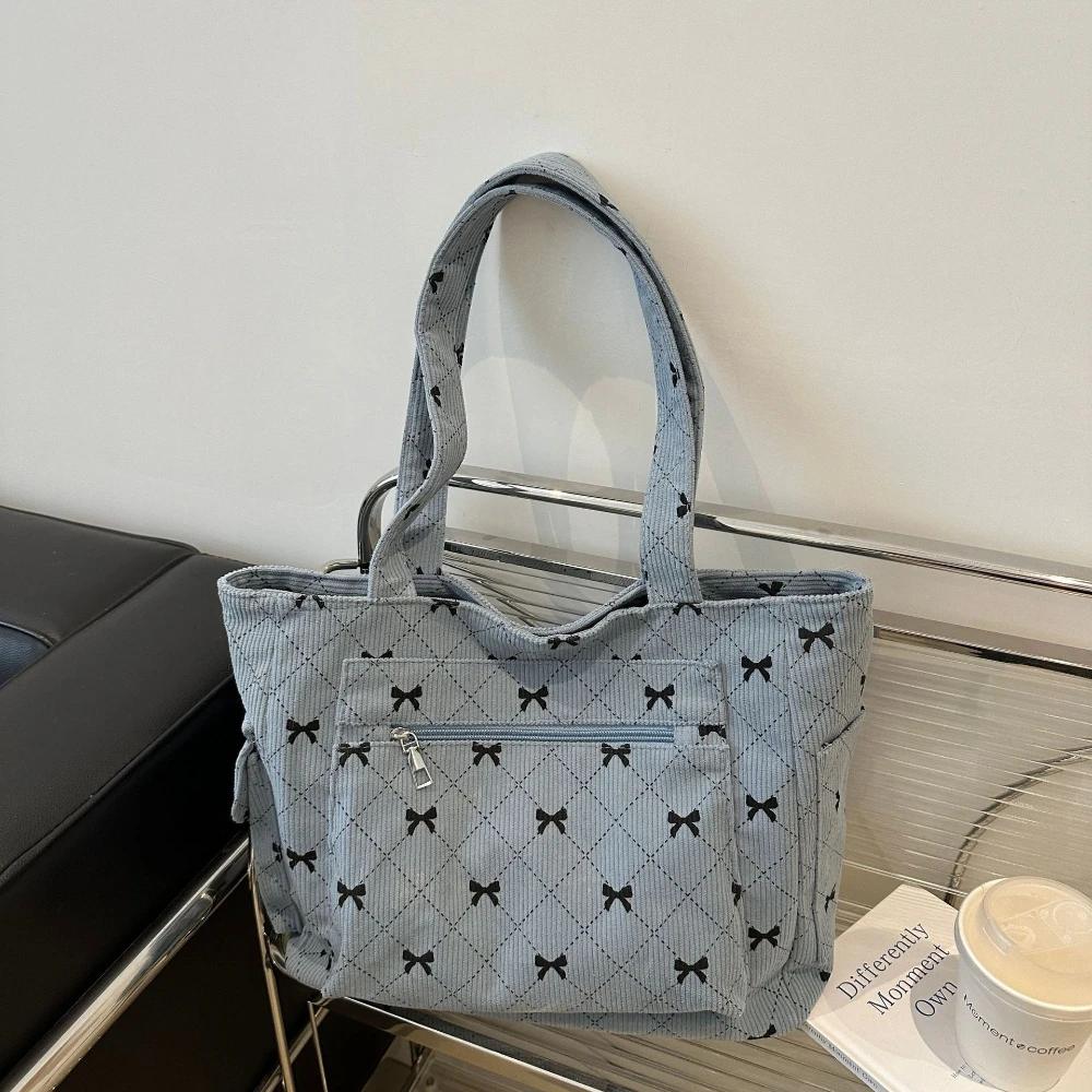 Corduroy Tote Bag Bow Pattern Shoulder Bag Large Capacity Fashion Underarm Commuting Handbags Shopping Bags Eco-friendly Handbag