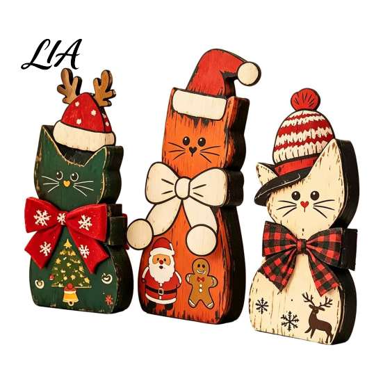 Indoor Decorative Cat Accents 3Pcs Christmas Wooden Ornaments with Hat and Bow Tie, 2D Winter Festival Decor Flat Thanksgiving Tabletop Figurines,