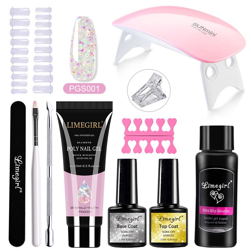 Набор полигелей для ногтей Limegirl Поли УФ-гель Прозрачный/Розовый акрил Быстро наращиваемый наращивание пальцев Набор инструментов для ногтей с отмачиваемым УФ-гелем-лаком