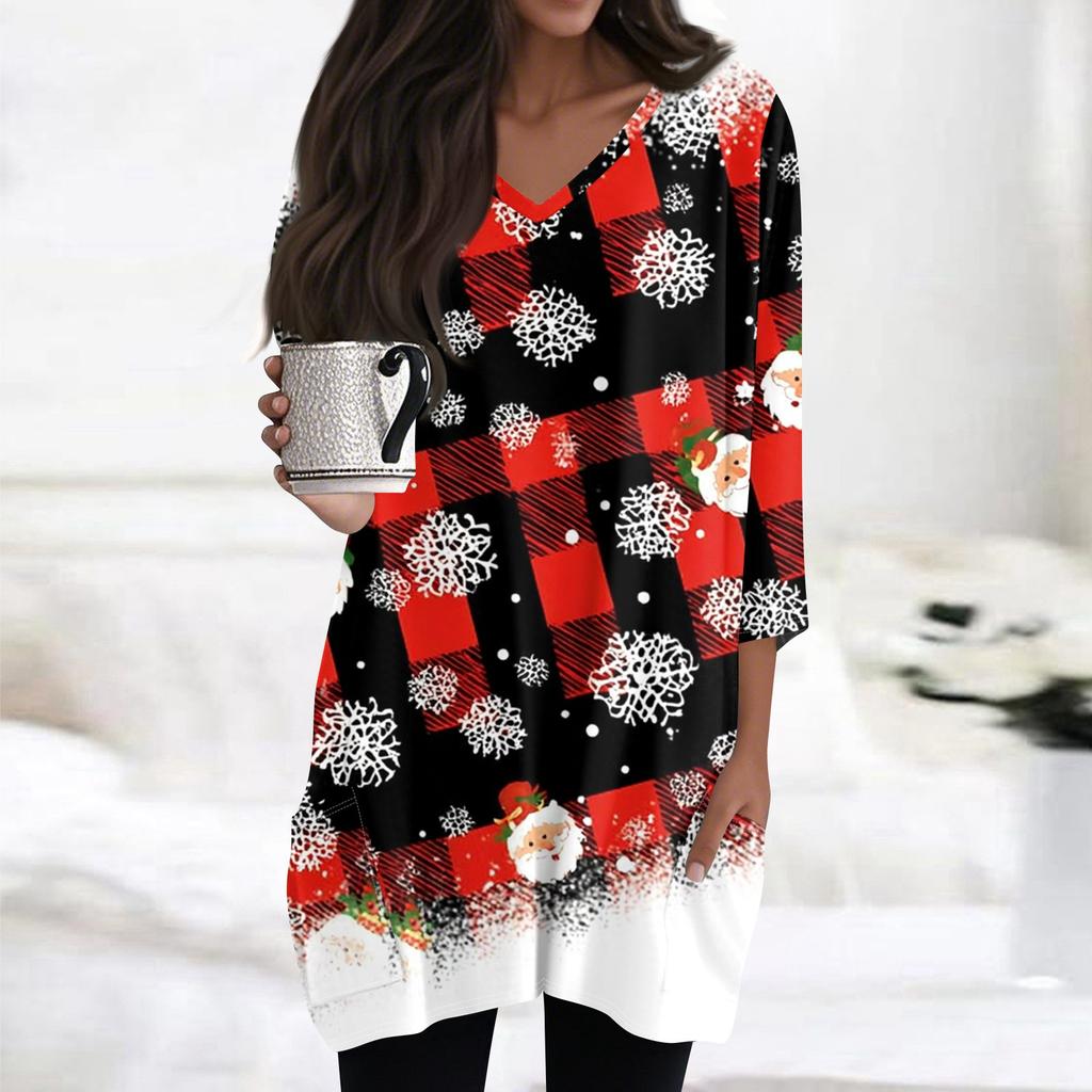 Womens Tops V-neck 3/4 Sleeve Blouses Casual Mid-length Shirts Fashion Christmas Print Tunic Tops With Pockets