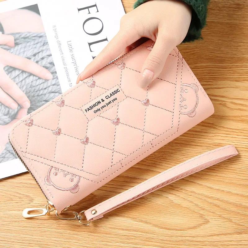 New Long Short Wallet Women's Fashion Credit Card Bag Purse Zipper Handbag Embroidered Heart Mobile Phone Money Coin Bag Case