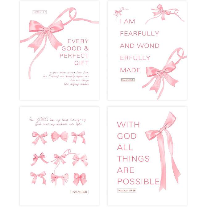 Coquette wall decor teen girl room pink bow wall art decor poster pirational Bible Verses Bow Wall Deco 10x8 inches 4pcs (unframed)