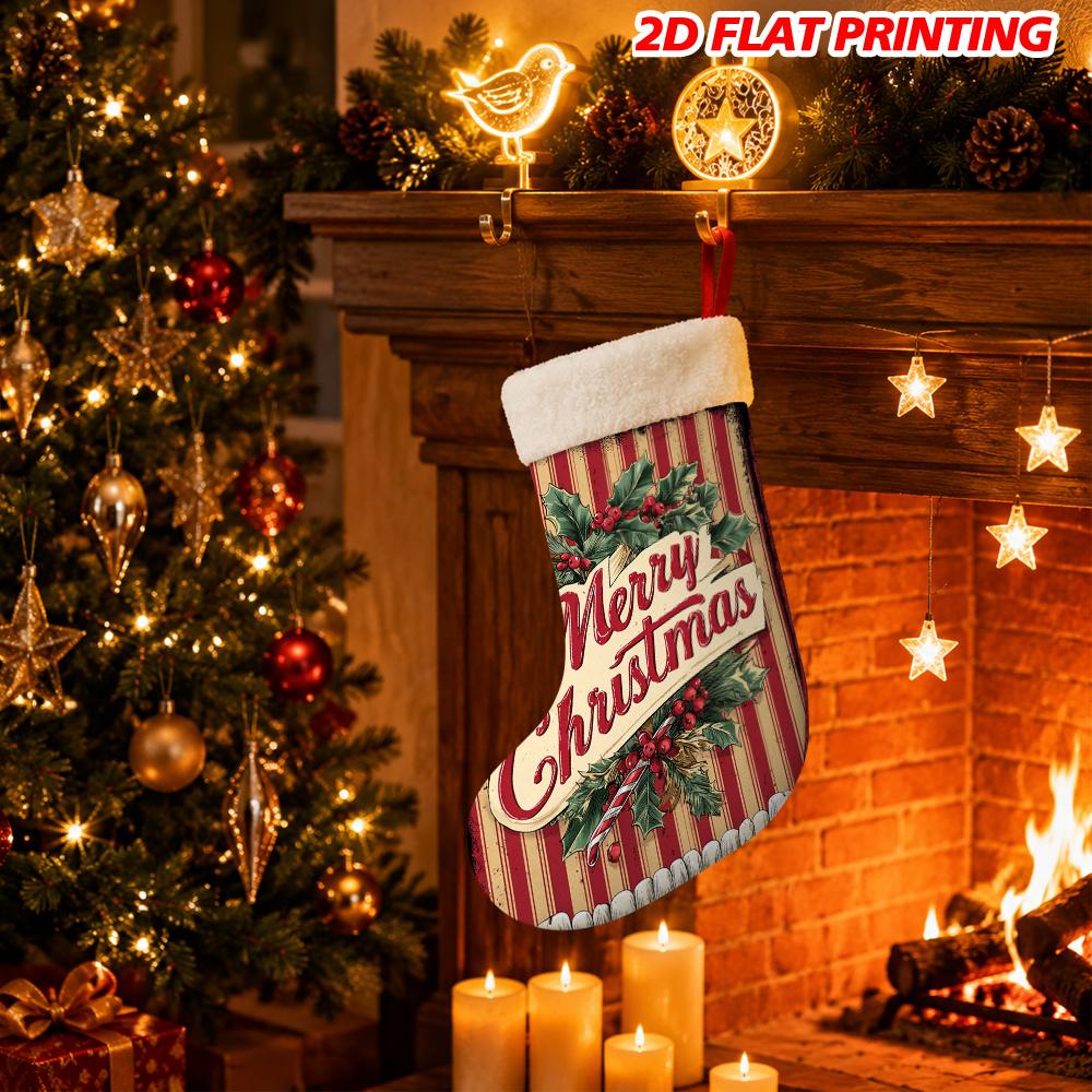 Christmas decoration fireplace hanging stocking1pc 2D Flat Christmas Holly Candy Cane Striped Design Print Xma