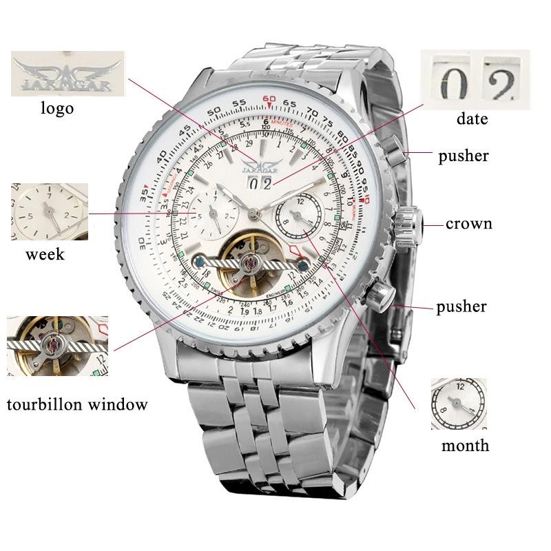 JARAGAR 034 Top Luxury Retro Blue Automatic Mechanical Watch Tourbillon Hollow Skeleton Stainless Steel Month Date Men's Watches