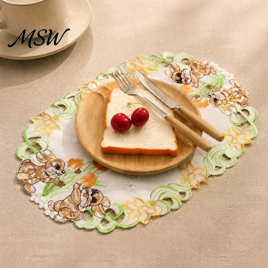 Polyester Lace Placemats Cute Rabbit Placemats, Oval Cartoon Bunny And Tulip Placemat, Hollow Out Floral Style Table Covers Place Mat, Fabric