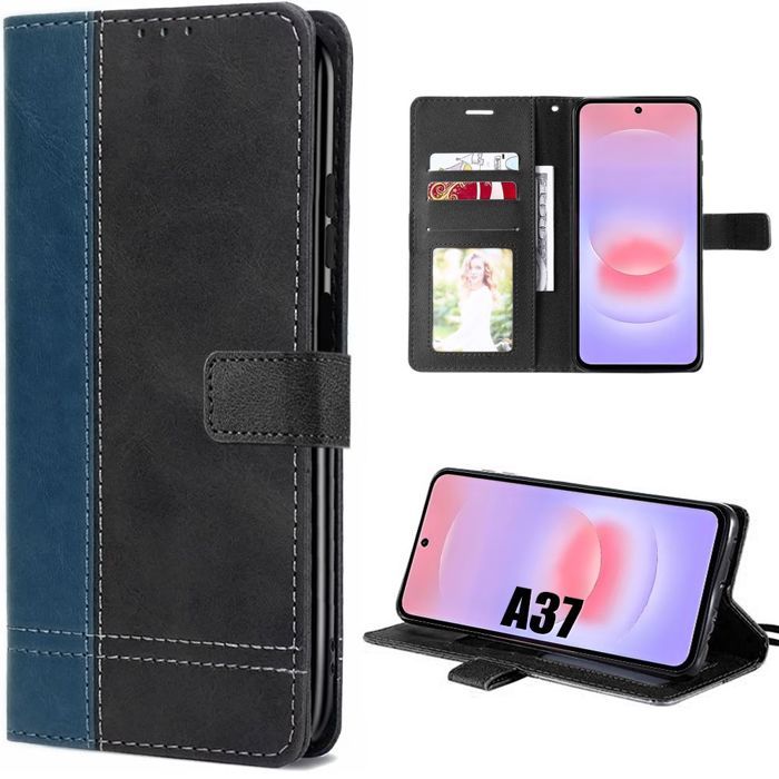 Coque pour Samsung Galaxy A37 5G, Protection Anti-Rayures Effet Cuir Bicolore Bleu Marine