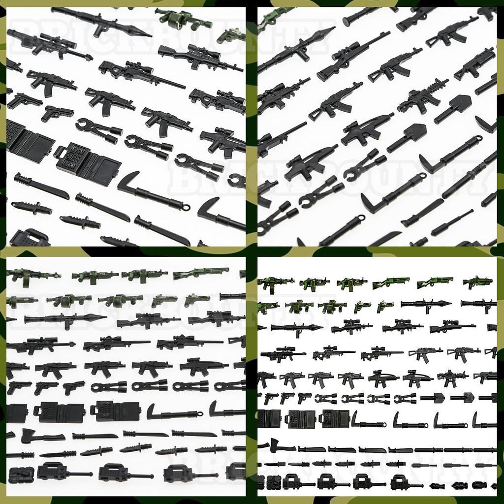 BrickBounty Guns Weapons Weapon Pack Compatible with Major Brand Building Includes Military WWII Military SWAT and Ammo 130-Pcs - - Blocks, Helmets,