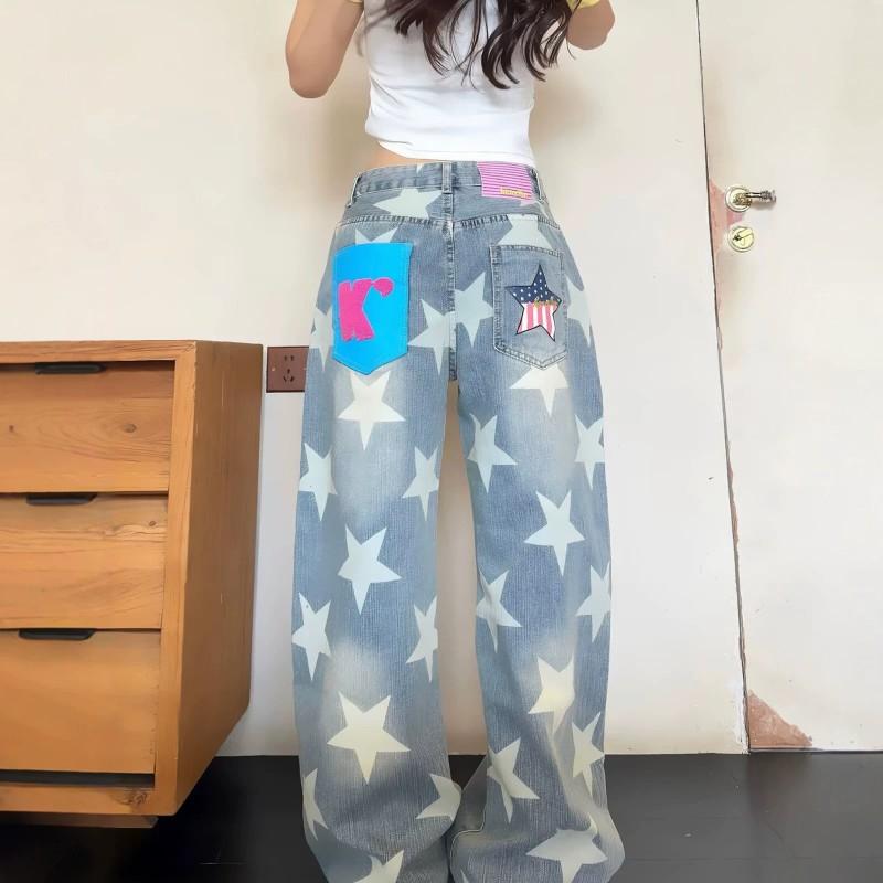 Washed Denim Jeans With Star Print Loose Fit Straight Leg Wide Tapered Men Women Streetwear Casual