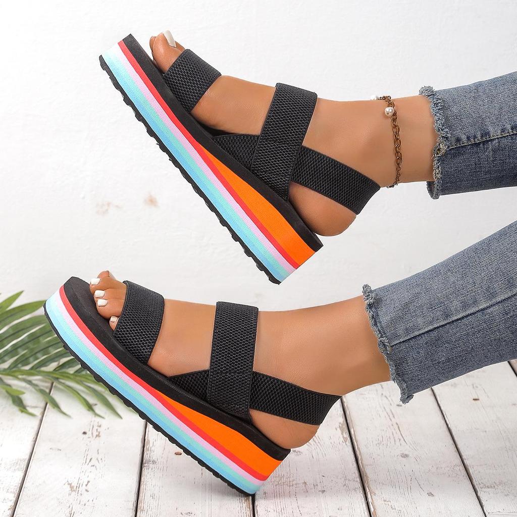 Women's Black & White Roman-Style Sandals with Thick Sole, Faux Hemp Rope Design, Perfect for Summer Style