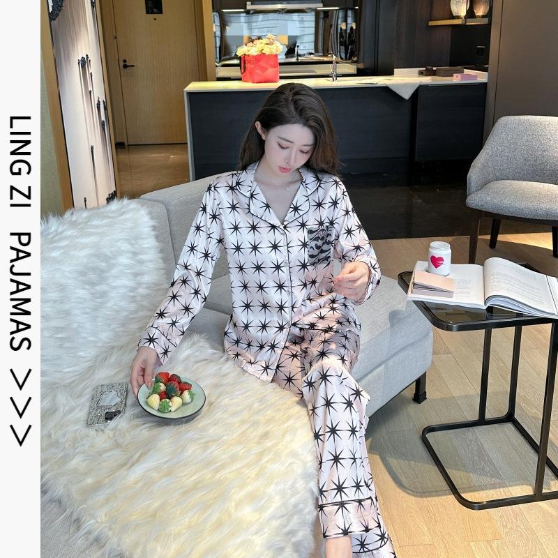 New women's autumn pajamas, ice silk long-sleeve and long pants two-piece set, high-end print, suitable for wearing cardigans and loungewear