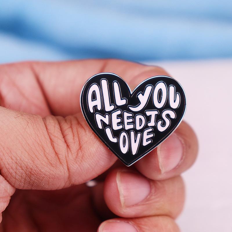Heart Shaped Metal Enamel Pin Badge with Text All You Need Is Love Music Style Brooch Lapel Pin Accessory for Clothing Bags Hats