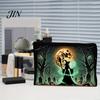 Dark Theme Zipper Bag Storage Bag, with Halloween Witch Castle Print, Large Wear-Resistant Makeup Pouch Capacity Canvas Cosmetic Organizer, for Travel