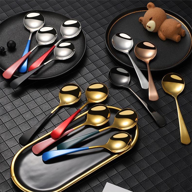 304 Stainless Steel Smooth Premium Spoon Multiple Colors Cute Dessert Spoon for Home Use Round Head Thick Gold Silver Spoon