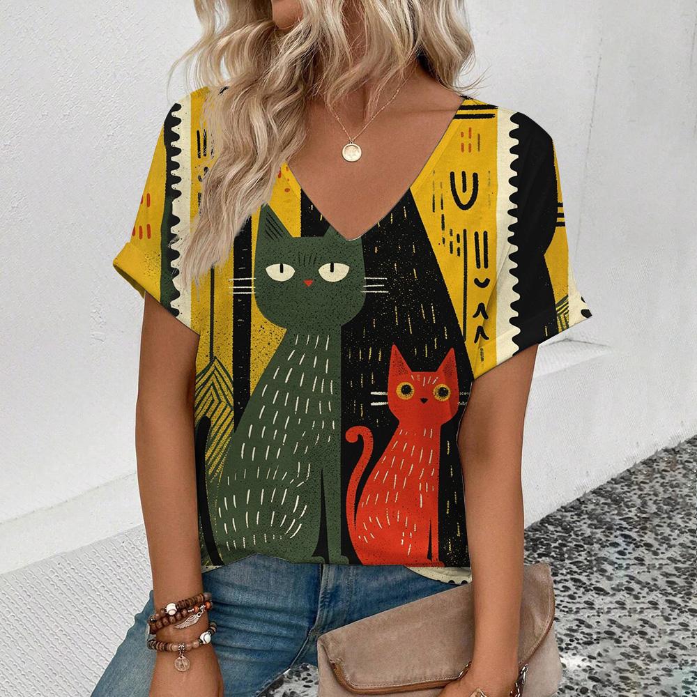 Футболка Summer Funny Cats 3D Print, женская уличная одежда, повседневные футболки, топы Y2k, женские футболки Harajuku с V-образным вырезом, свободная одежда