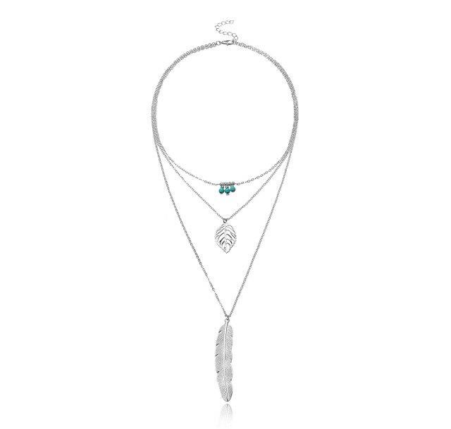 Fashion Leaf Feather Pendant Multilayer Necklace Silver Handmade Turquoise Beaded Long Sweater Chain Ladies Party Accessories
