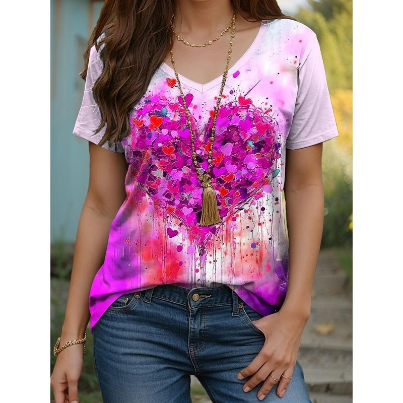 Summer V-neck 3D Love Pattern Printed Top Fashionable Casual Short Sleeved Women's T-shirts