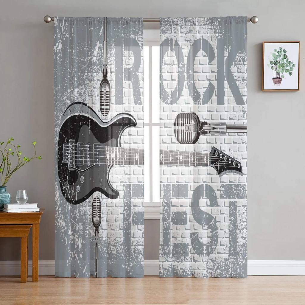 Music Notes Black Chiffon Sheer Curtains for Living Room Bedroom Home Decoration Window Voiles Tulle Drapes Curtain