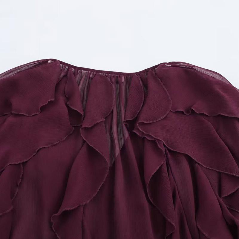 Chic Chiffon Ruffled Shirt Women Elegant Loose V-neck Long Sleeve Shirts Female 2025 Spring Vacation Street Lady Blouse Tops