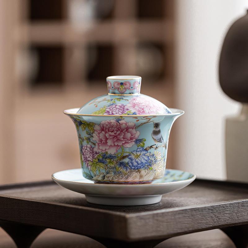 Enamel color hover cover bowl teacup peony flower Sancai bowl simple tea brewer tea bowl bird song flower fragrance cover cup