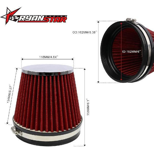 RYANSTAR RACING 152mm 6" High Flow Round Tapered Cone Closed-Top Washable Clamp-On Dry Air Filter short 155mm tall