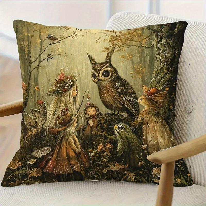 Vikama Enchanted Forest Folk-Style Pillowcase Whimsical Owl Autumn Scenery Decorative Sofa Cover Cushion Case