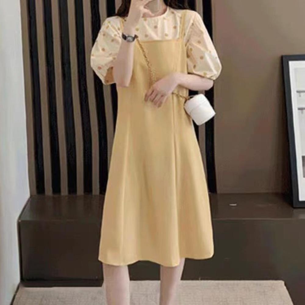 A-line Suspenders Dresses Women Dot T shirt Dress All-match Two Piece Set Dress Student