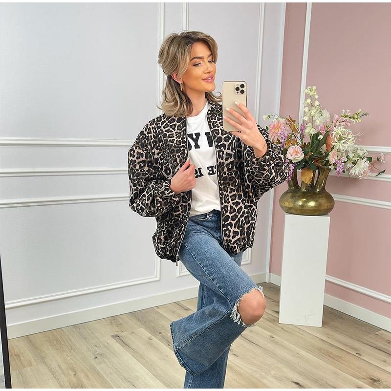 Fashion Leopard Zipper Long Sleeved Women's Jacket Retro Round Neck Street Casual Outwears Female Autumn Commute Coat