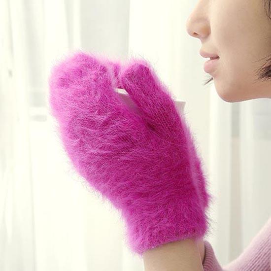 Женские эластичные перчатки с длинными пальцами, милые перчатки из кроличьей шерсти, женские зимние варежки, модные однотонные варежки, утепленные теплые перчатки