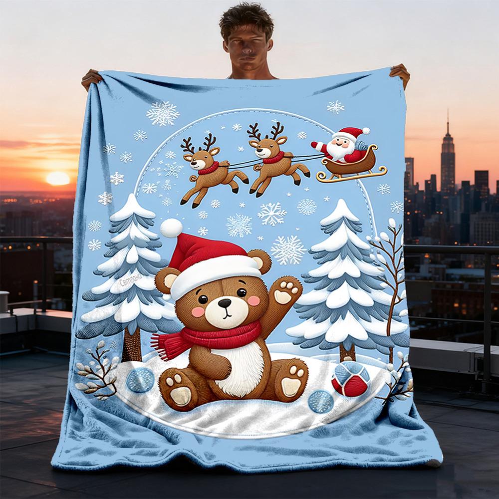 1pc Christmas teddy bear Outdoor Flannel Blanket , Machine Washable Perfect Gift for Birthday , Holiday Travel Accessory , Durable Material