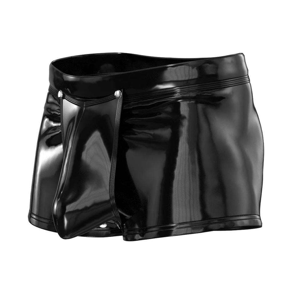 Glossy Patent Leather Boxer Shorts for Men S-3XL: Elastic Waistband with Zipper Button Openable Crotch for Nightwear