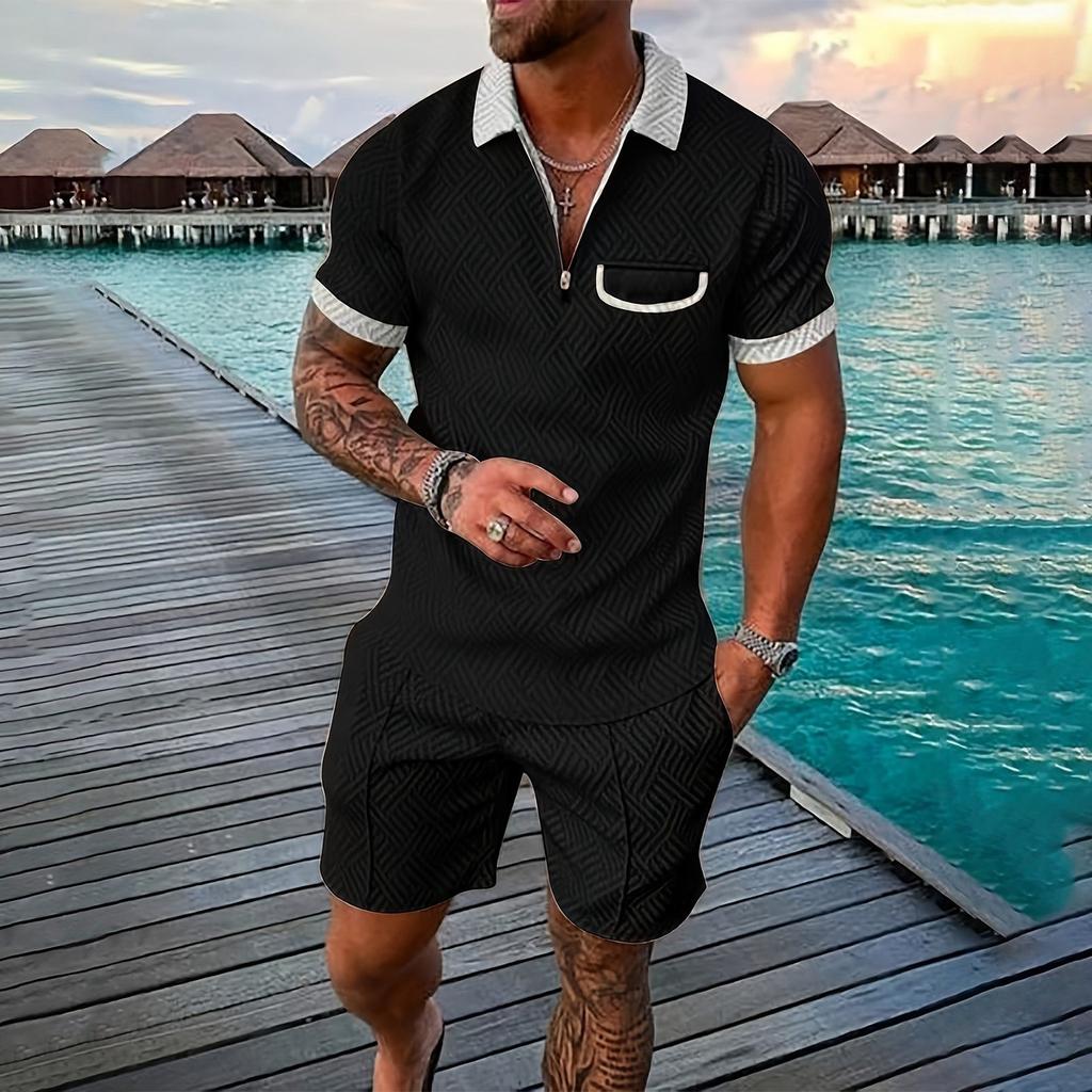 Мужской летний однотонный комплект из рубашки с коротким рукавом, карманом на молнии и лацканами, шортами