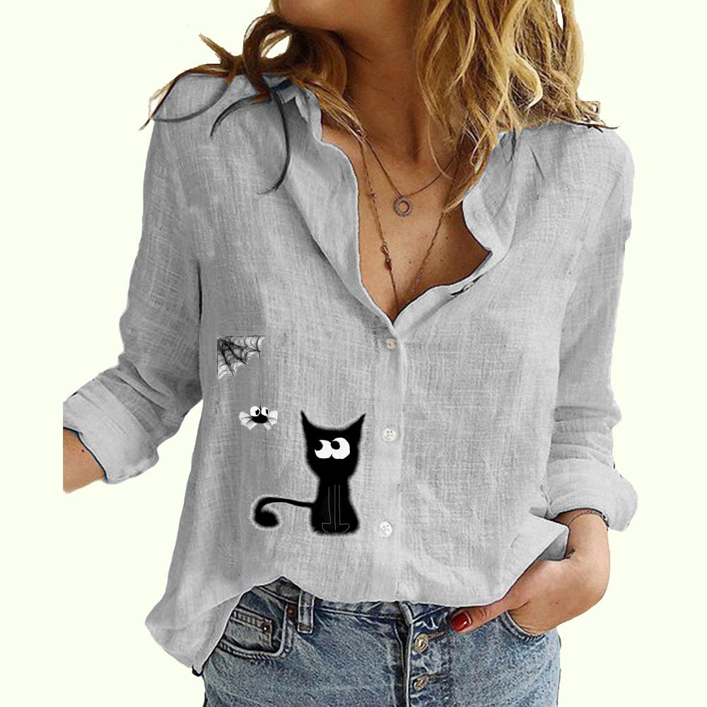 Женская модная рубашка на пуговицах, весна-лето, тонкий хлопковый льняной топ, повседневная блузка с длинными рукавами и принтом кота
