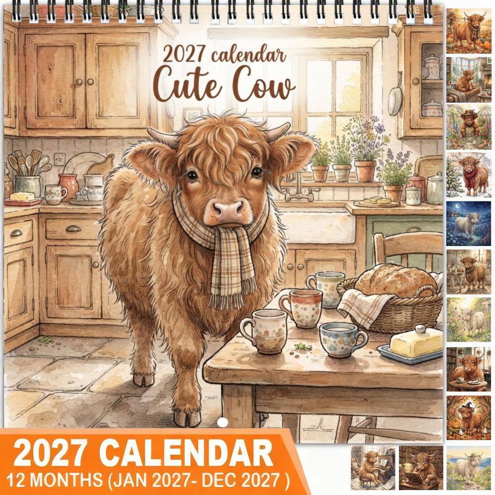Cute Cow Kitchen Scene 2027 Wall Calendar Full 12 Months Coil Bound Large Font Date Mark Easy Wall Mount Lightweight Planner