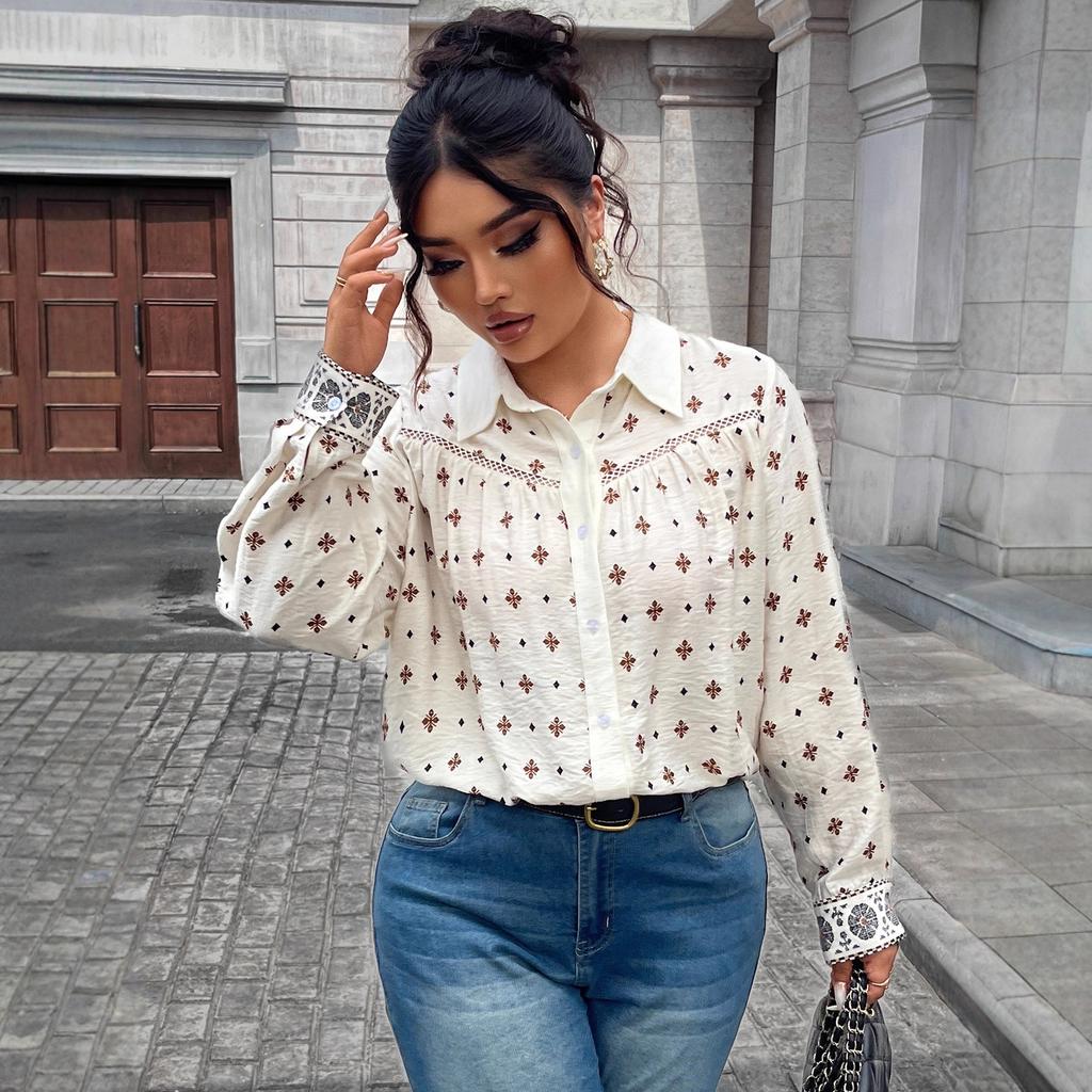 Europe and the United States new women's shirt top Amazon apricot printing hollow design polo collar fashion casual top