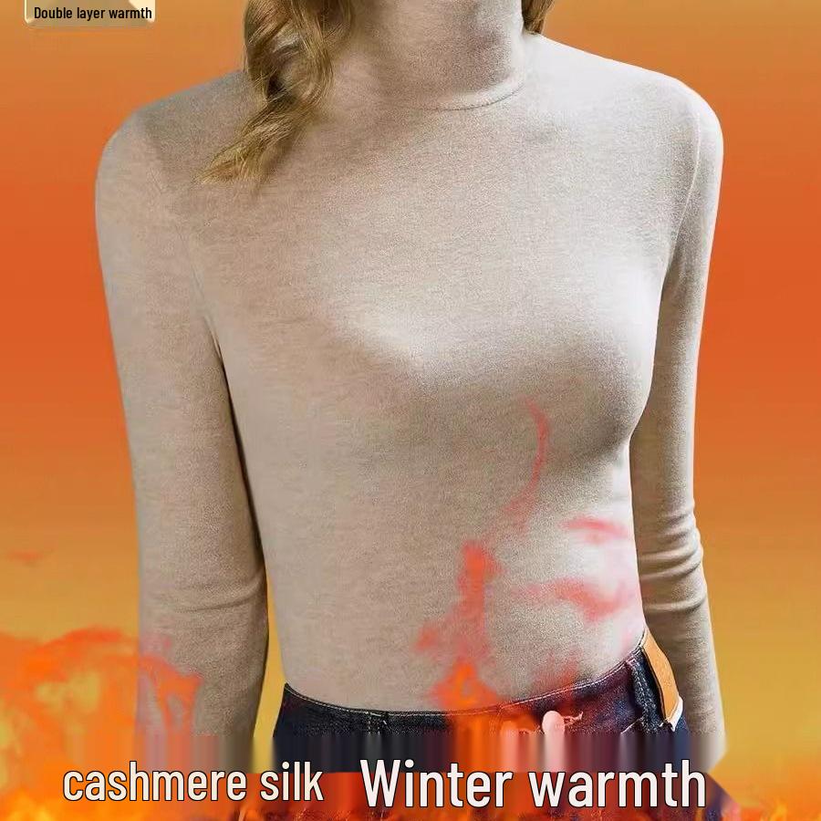 Женский утолщенный бархатный базовый слой с высоким воротом на флисовой подкладке, теплая кашемировая водолазка, осень 2025