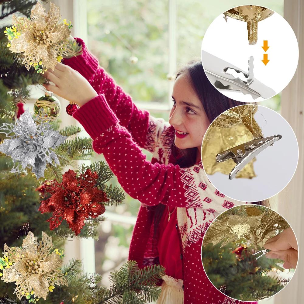 5/1Pcs Christmas Glitter Artificial Flowers DIY Christmas Tree Hanging Ornaments Fake Flower For Xmas New Year Party Decor Gifts