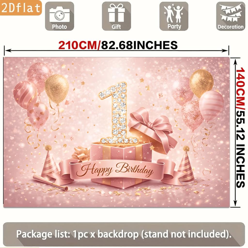 Pink Golden Glitter Balloons Confetti Number One Ribbon Bow Birthday Celebration Polyester Backdrop, for Party Decor Home, Club, Garden