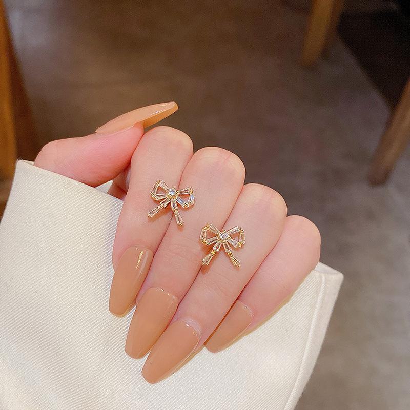 S925 Silver Bow Earrings with Micro-Inlaid Zircon and Geometric Design