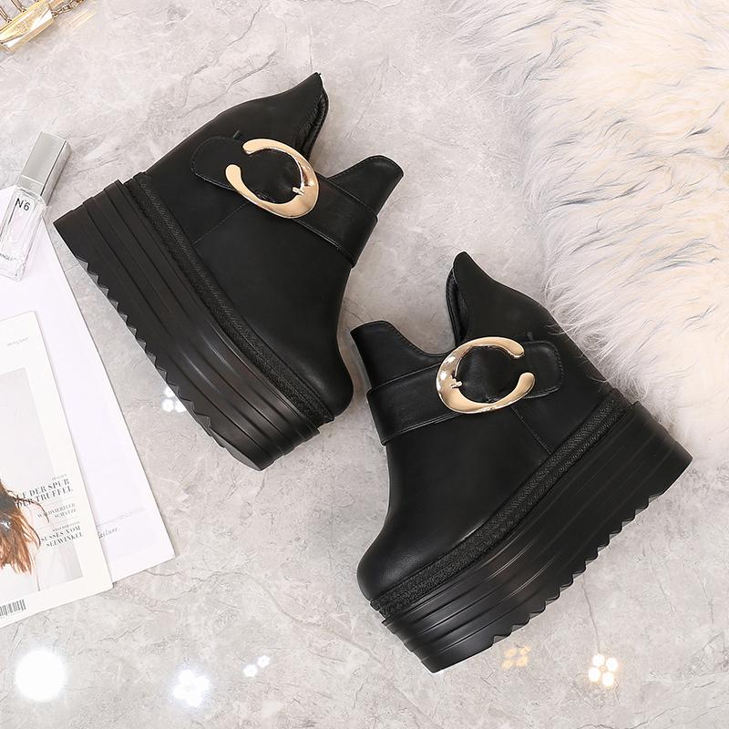 Gdgydh Модные женские ботильоны на танкетке с пряжкой, короткие ботинки на плоской платформе и каблуке с металлическим декором, увеличивающие рост, на молнии