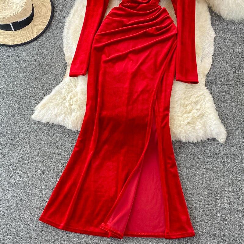 Новое осеннее вечернее платье Хепберн с разрезом на бедрах, сексуальное темпераментное бархатное платье с квадратным вырезом и бриллиантами, золотое бархатное платье