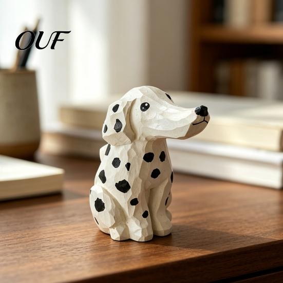 Unique Hand Painted Figurine Handmade Dalmatian Dog Wooden Ornament, Carved Basswood Small Statue for Car Animal Figurine, Creative Sculpture