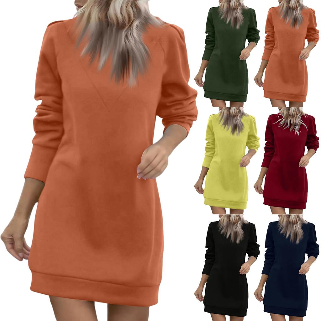 Women's Casual Fleece Lined Round Neck Long Sleeve Solid Color Dress