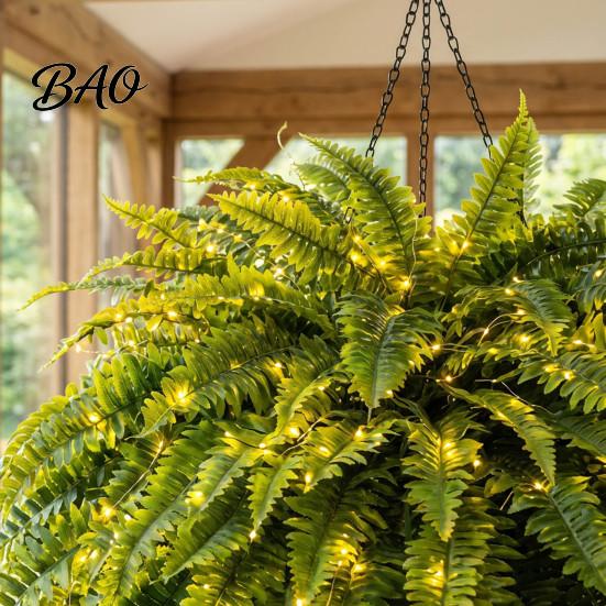 Realistic Potted Plant Fillers Pre-Lit Artificial Ferns with Warm LED Lights, UV Resistant Faux Hanging Plants for Lifelike Plastic Porch Outdoor