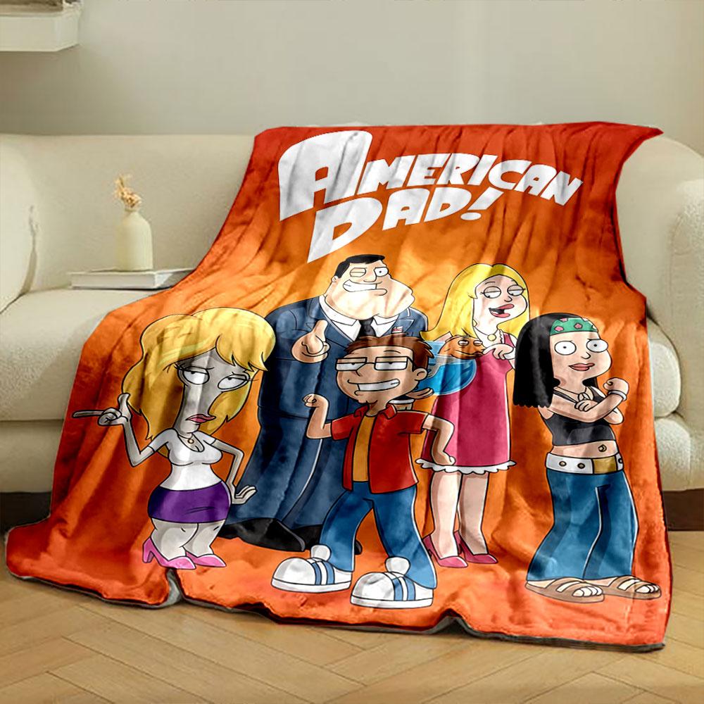 Cartoon characters posing under white bold "American Dad!" text on orange. for all seasons blanket lunch break throw gift